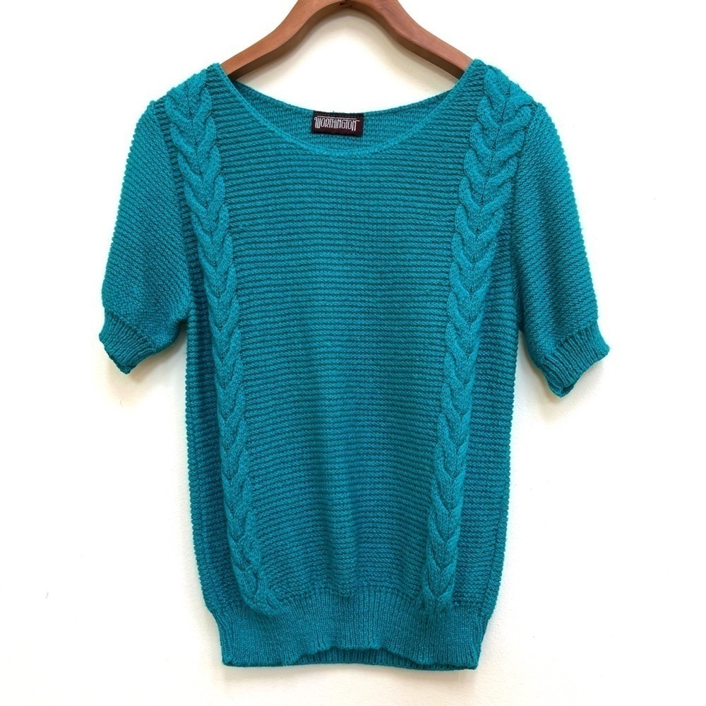 Vintage Cable Knit Blue Green Teal Short Sleeve Sweater Top, Size Small